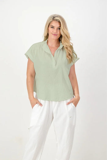 Coralie Cotton Frilly Top in Moss