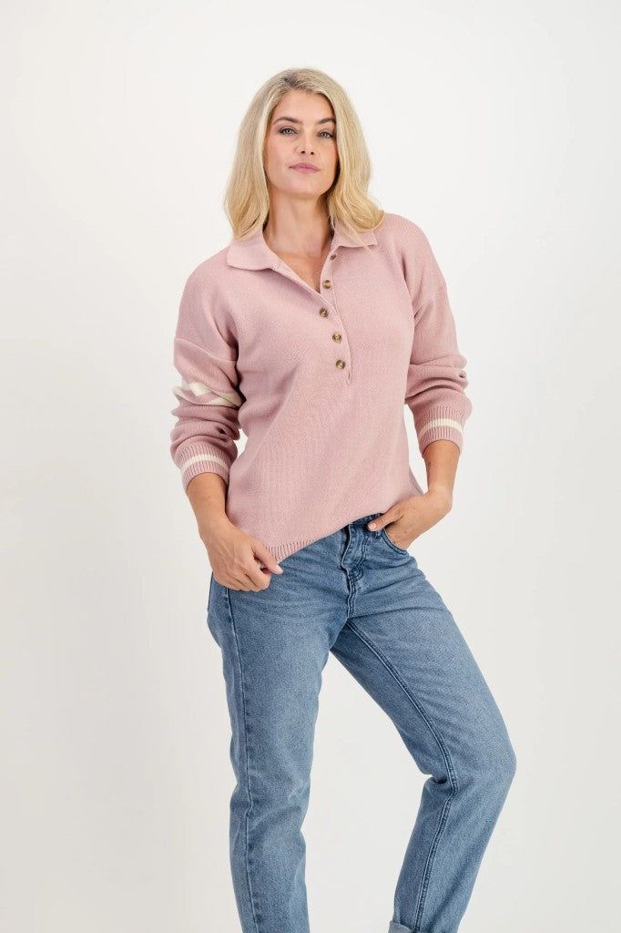 Frankie Cotton Placket Knit in Quart / Ecru Stripe