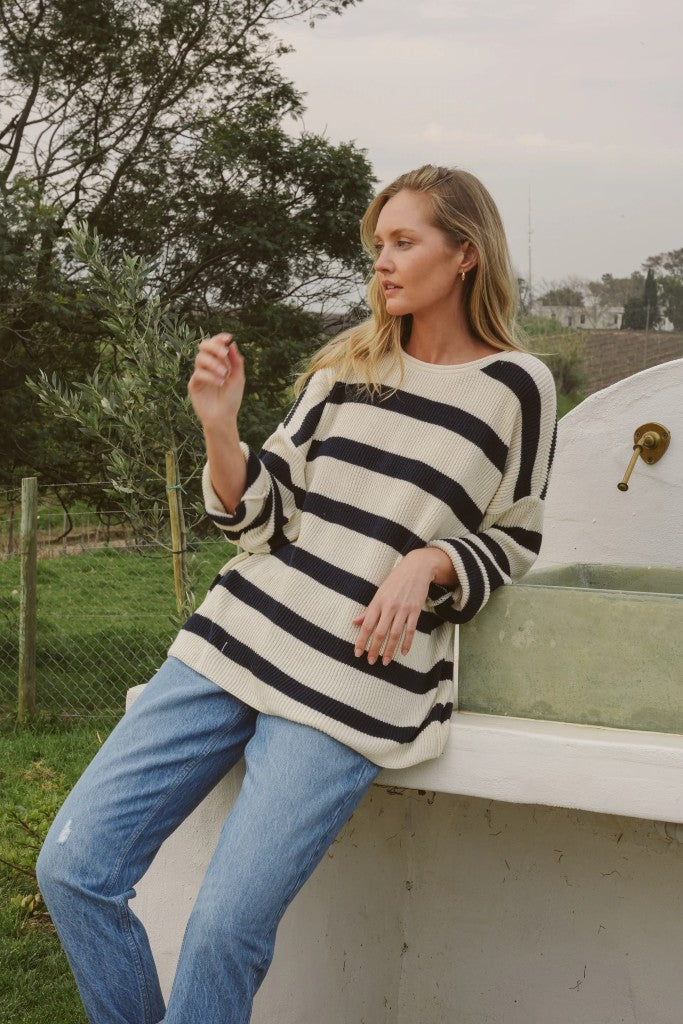 Isla Ribbed Knit in Ecru / Midnight Stripe