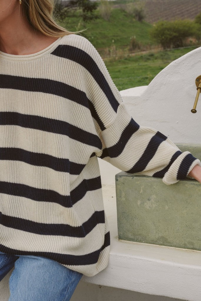 Isla Ribbed Knit in Ecru / Midnight Stripe