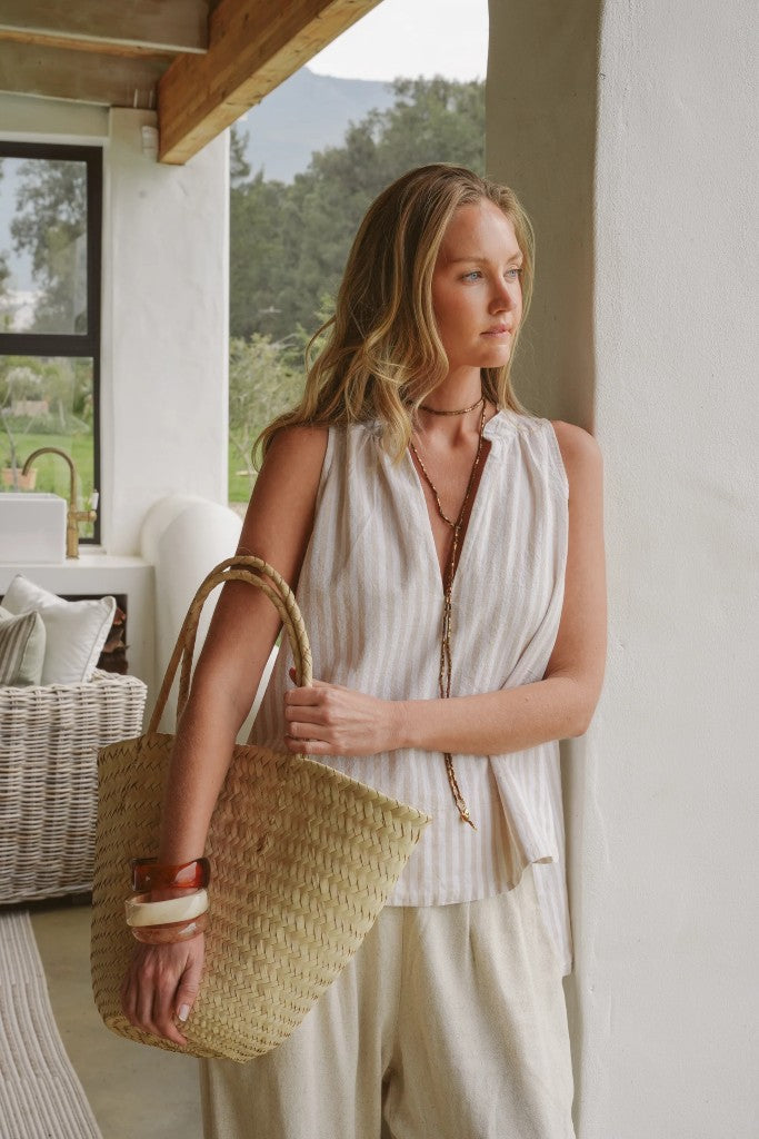 Jana Linen Swing Top in Stone / White Stripe