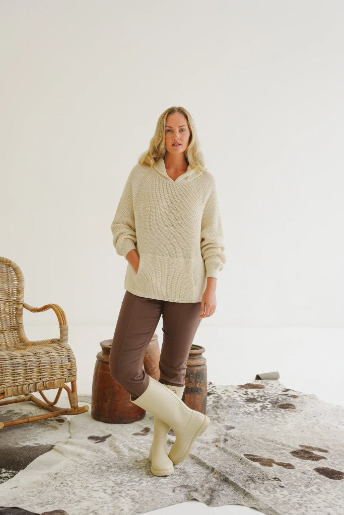 Josie Cotton Knit Hoodie in Karoo / Ecru
