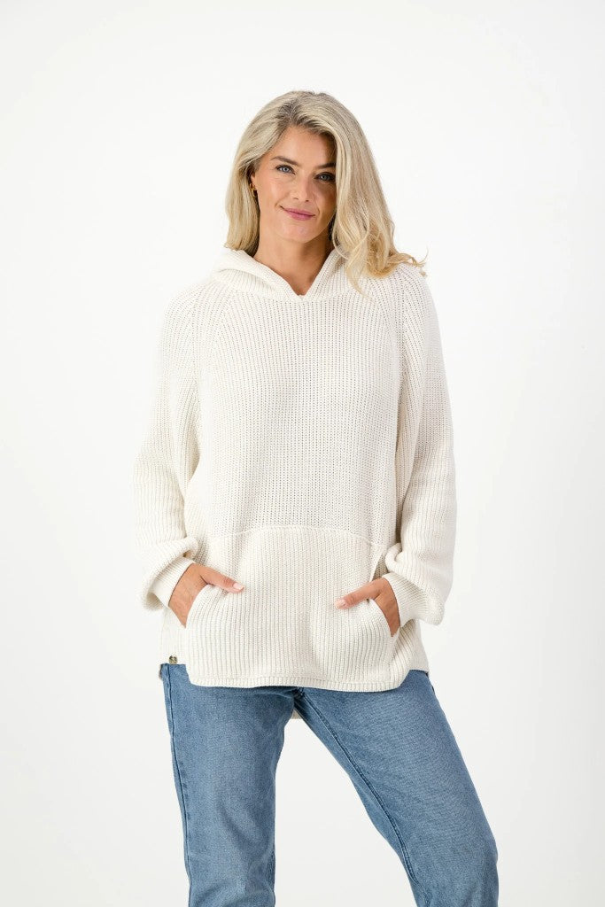 Josie Cotton Knit Hoodie in Linen / Navy