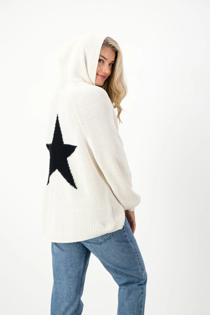 Josie Cotton Knit Hoodie in Linen / Navy