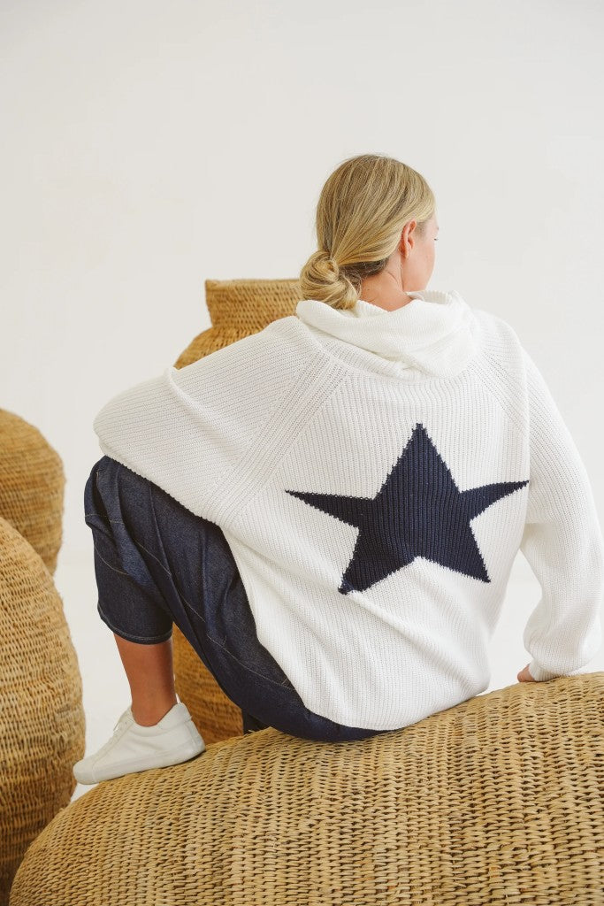 Josie Cotton Knit Hoodie in Linen / Navy