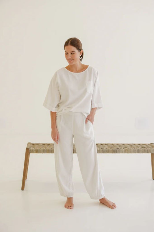 Marisa Linen Pleat Cuff Pants in White