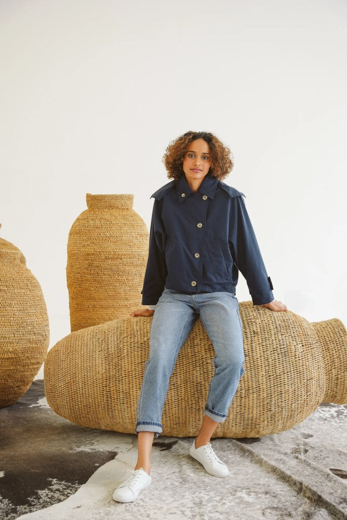 Nia Cotton Blend Batwing Jacket in Navy