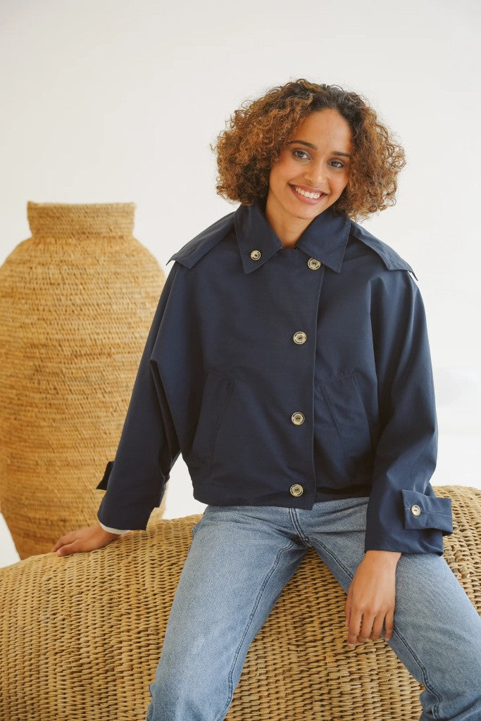Nia Cotton Blend Batwing Jacket in Navy