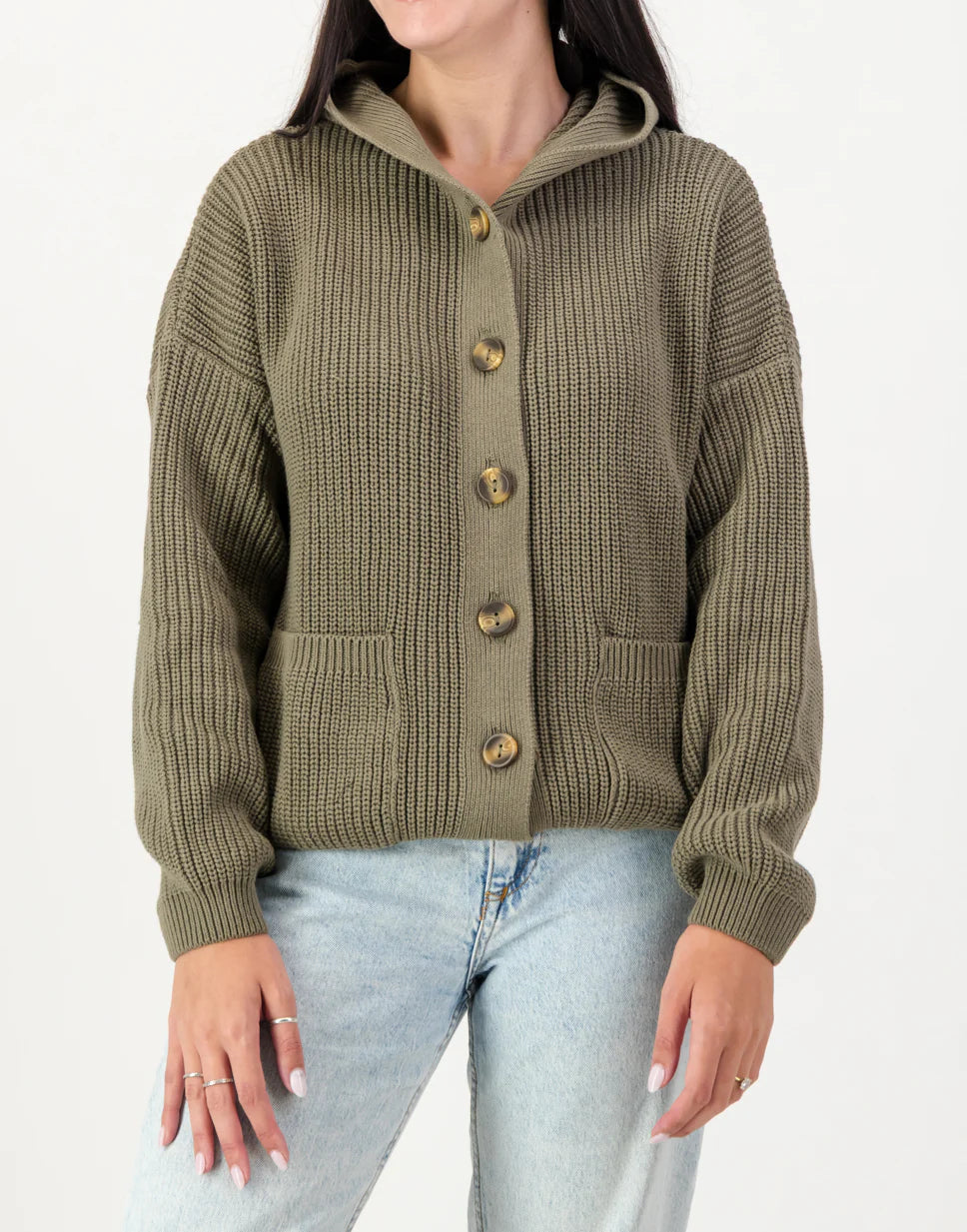Rosemary Cotton Hooded Cardi in Kelp
