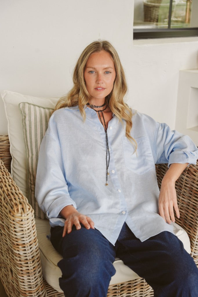 Sadie Cotton Boyfriend Shirt in Sky