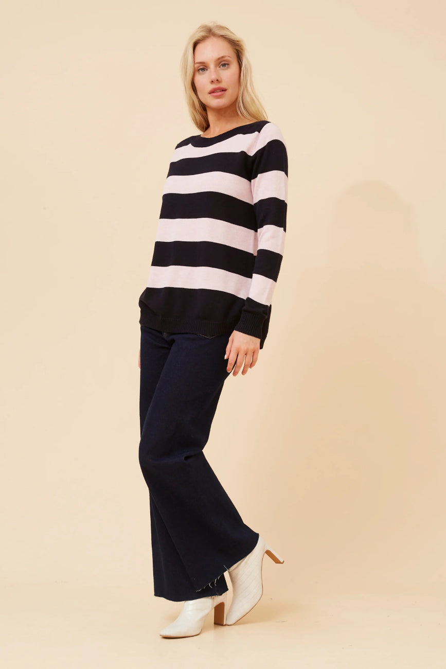 Stripe Knit Pullover in Navy / Pink