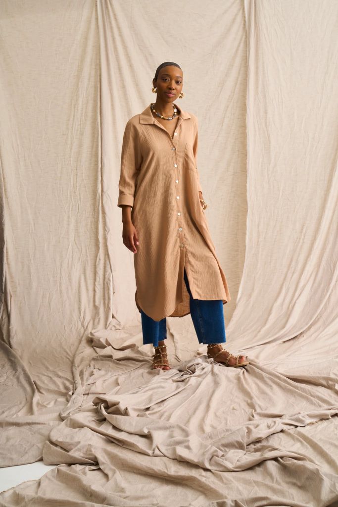 Misty Linen Blend Shirt Dress in Stone