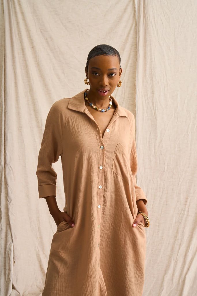 Misty Linen Blend Shirt Dress in Stone