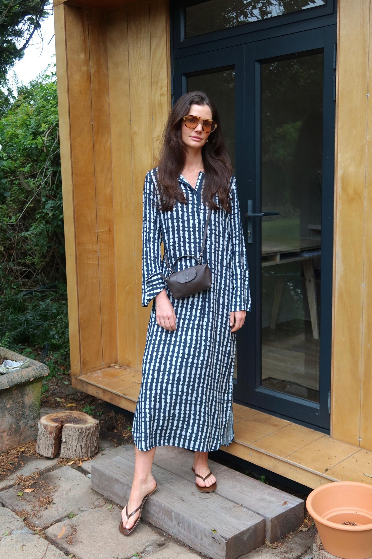 Long Tunic Wide Cuff Dress in Navy Broken Stripe