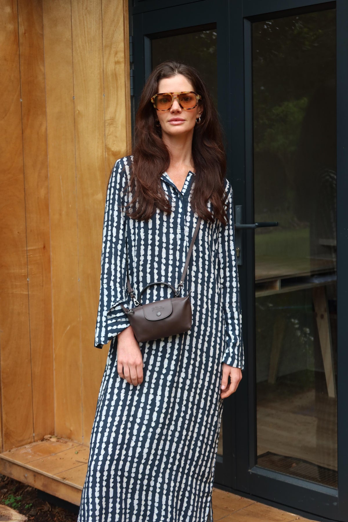 Long Tunic Wide Cuff Dress in Navy Broken Stripe