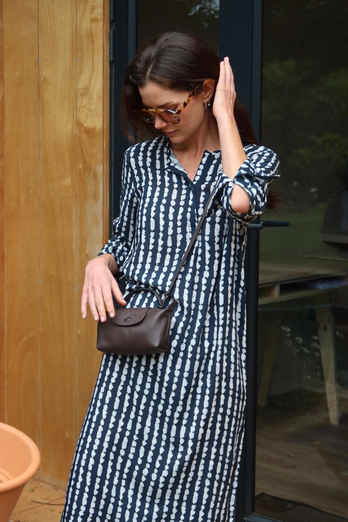 Long Tunic Wide Cuff Dress in Navy Broken Stripe