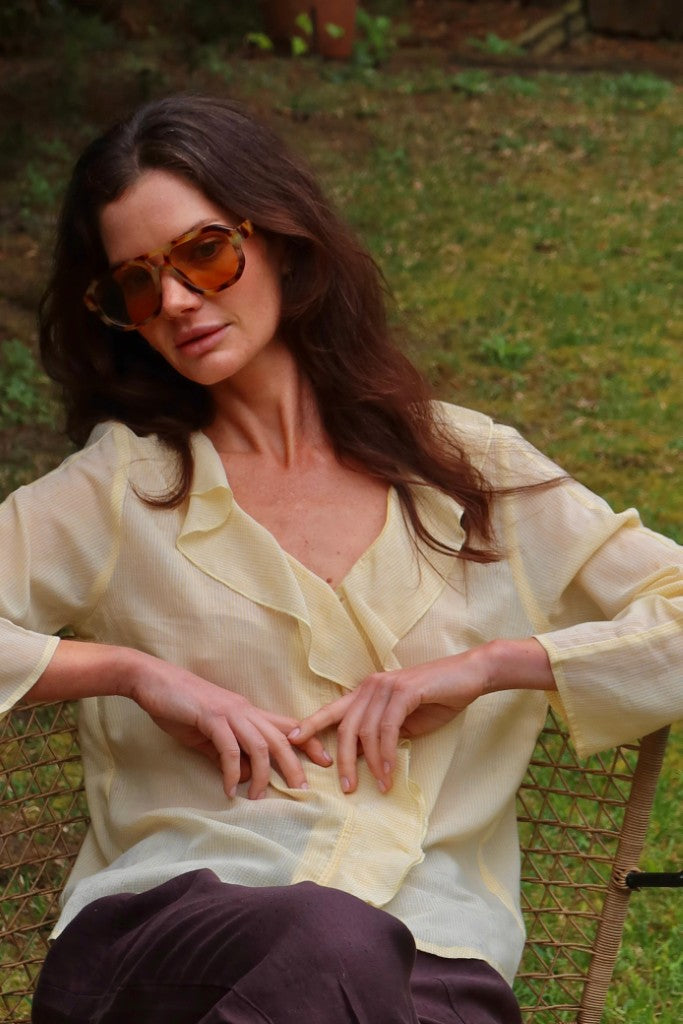 Frill Front Blouse in Yellow Checks