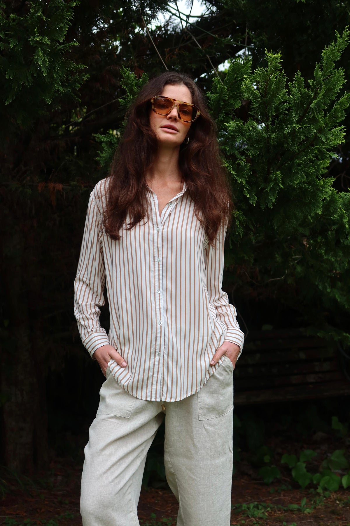 Long Sleeve Striped Shirt in Camel / White