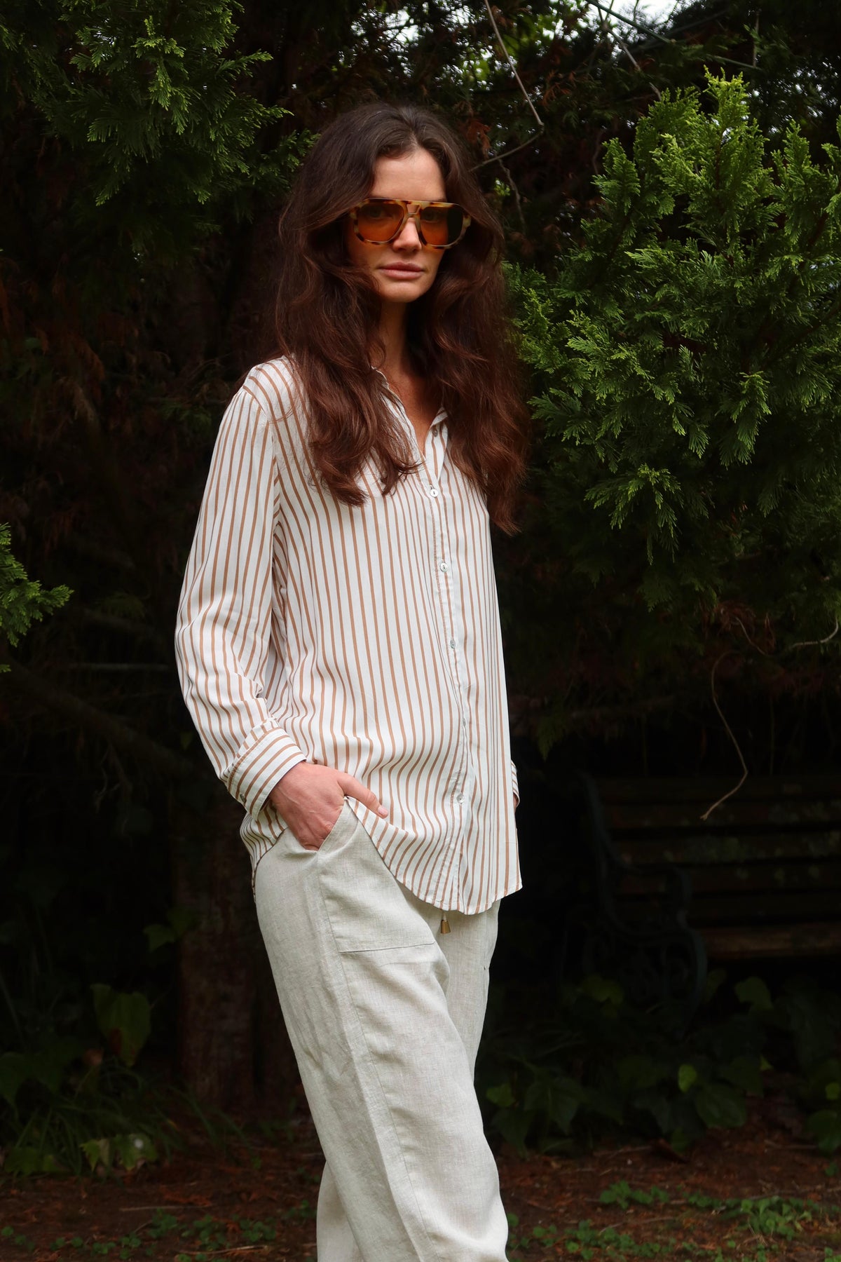 Long Sleeve Striped Shirt in Camel / White
