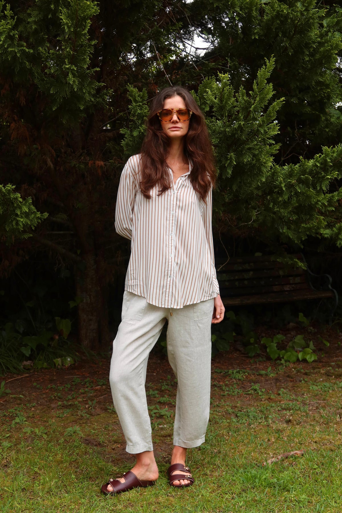 Long Sleeve Striped Shirt in Camel / White