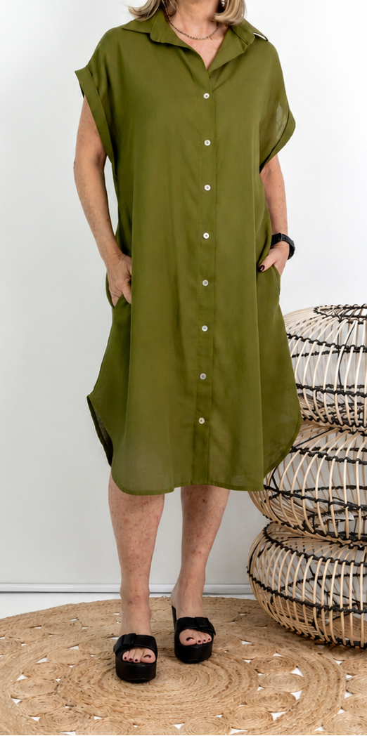 Libby Mock Button Dress in Deep Olive