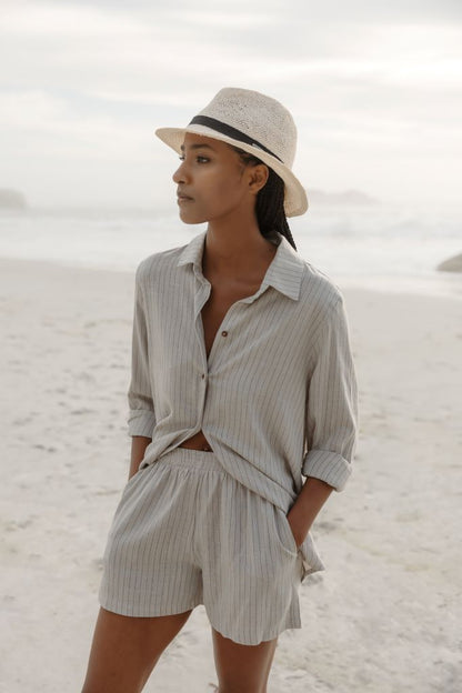 Santorini Linen Boyfriend LS Shirt in Stone Stripe