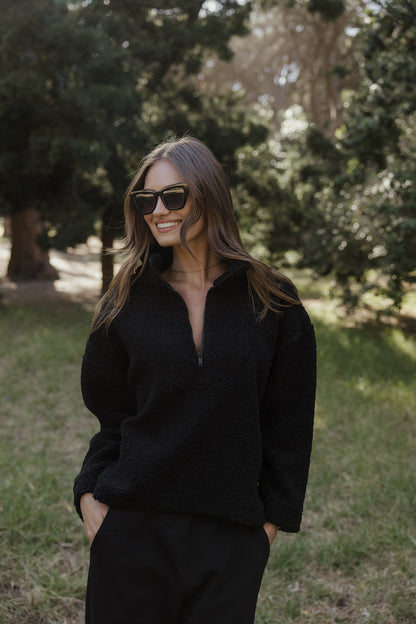 Half Zip Borg Pullover in Black