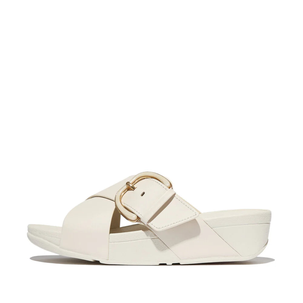 Lulu Resin Buckle Leather Cross Slide in Paris Beige