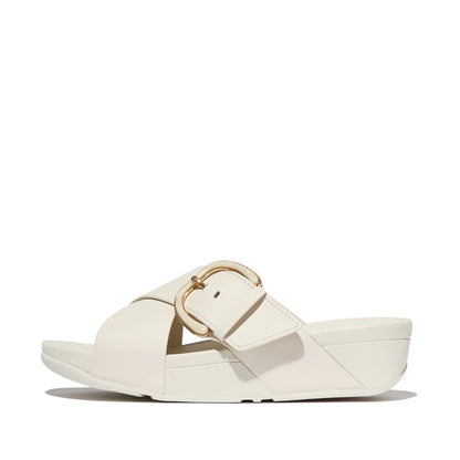 Lulu Resin Buckle Leather Cross Slide in Paris Beige