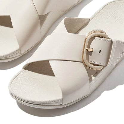 Lulu Resin Buckle Leather Cross Slide in Paris Beige
