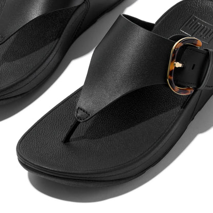Lulu Resin-Buckle Leather Toe-Post Sandals in Black
