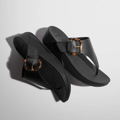 Lulu Resin-Buckle Leather Toe-Post Sandals in Black