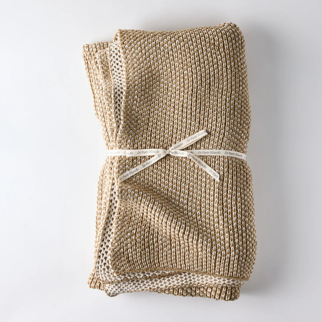Bee Knit Cotton Throw in Khaki & Cream