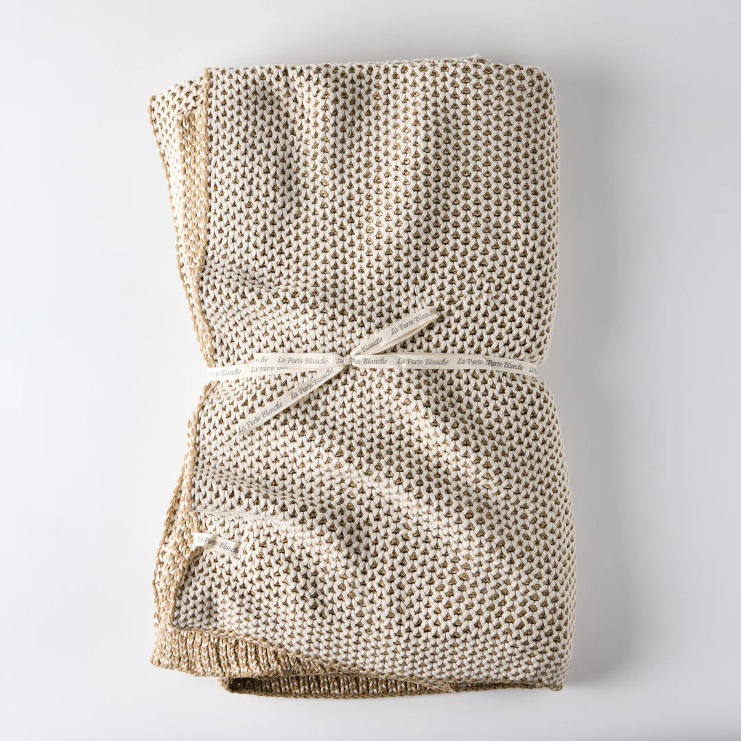 Bee Knit Cotton Throw in Khaki & Cream