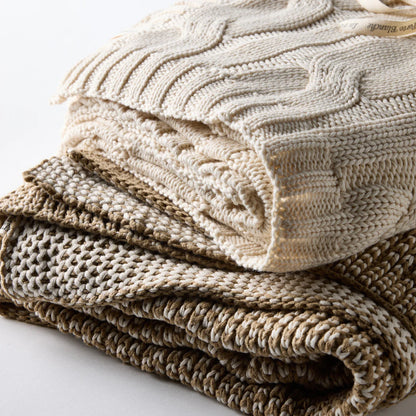 Bee Knit Cotton Throw in Khaki & Cream