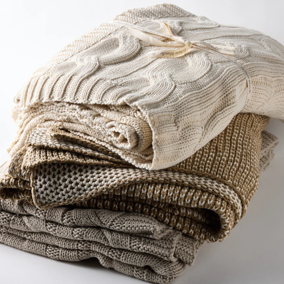 Bee Knit Cotton Throw in Khaki & Cream