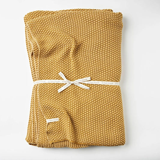 Stone Wash Moss Knit Cotton Throw in Ochre