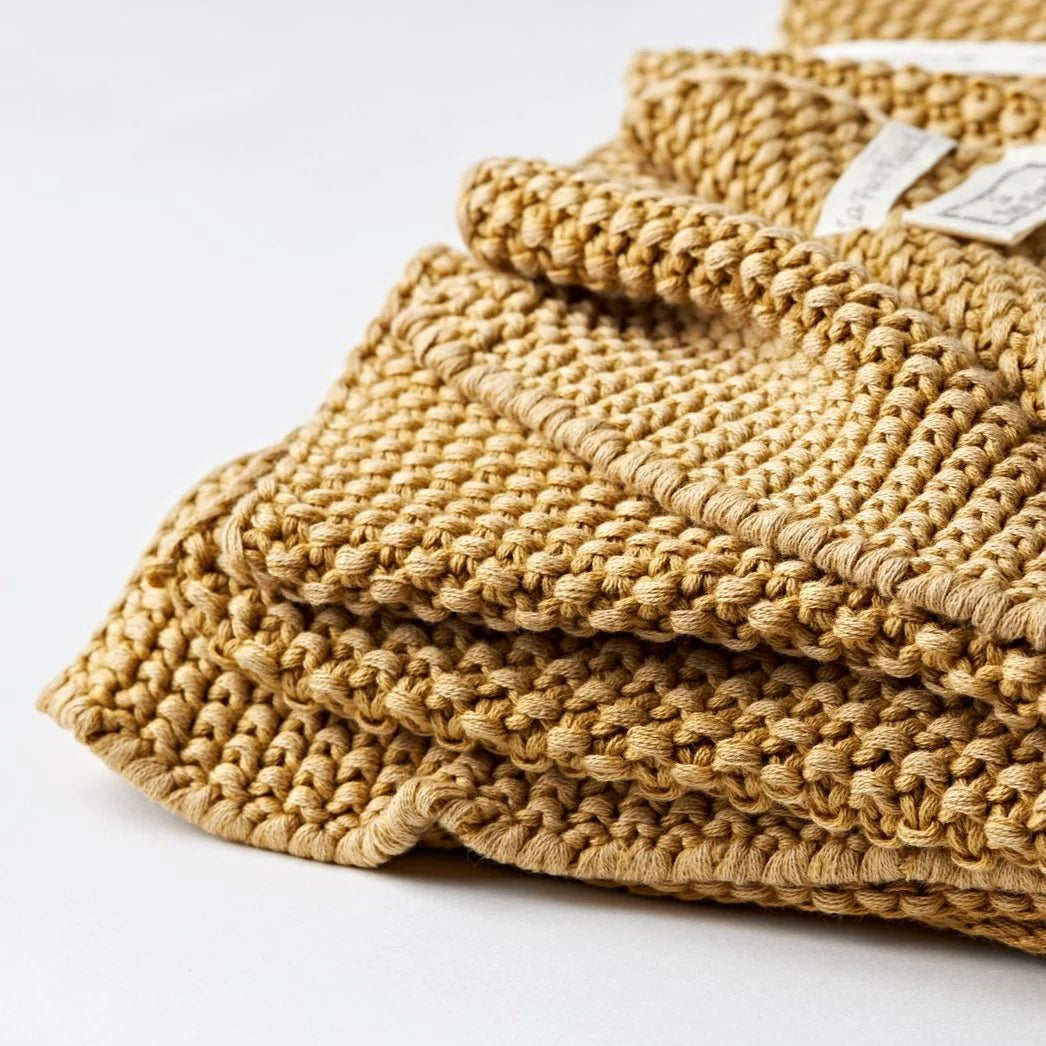 Stone Wash Moss Knit Cotton Throw in Ochre