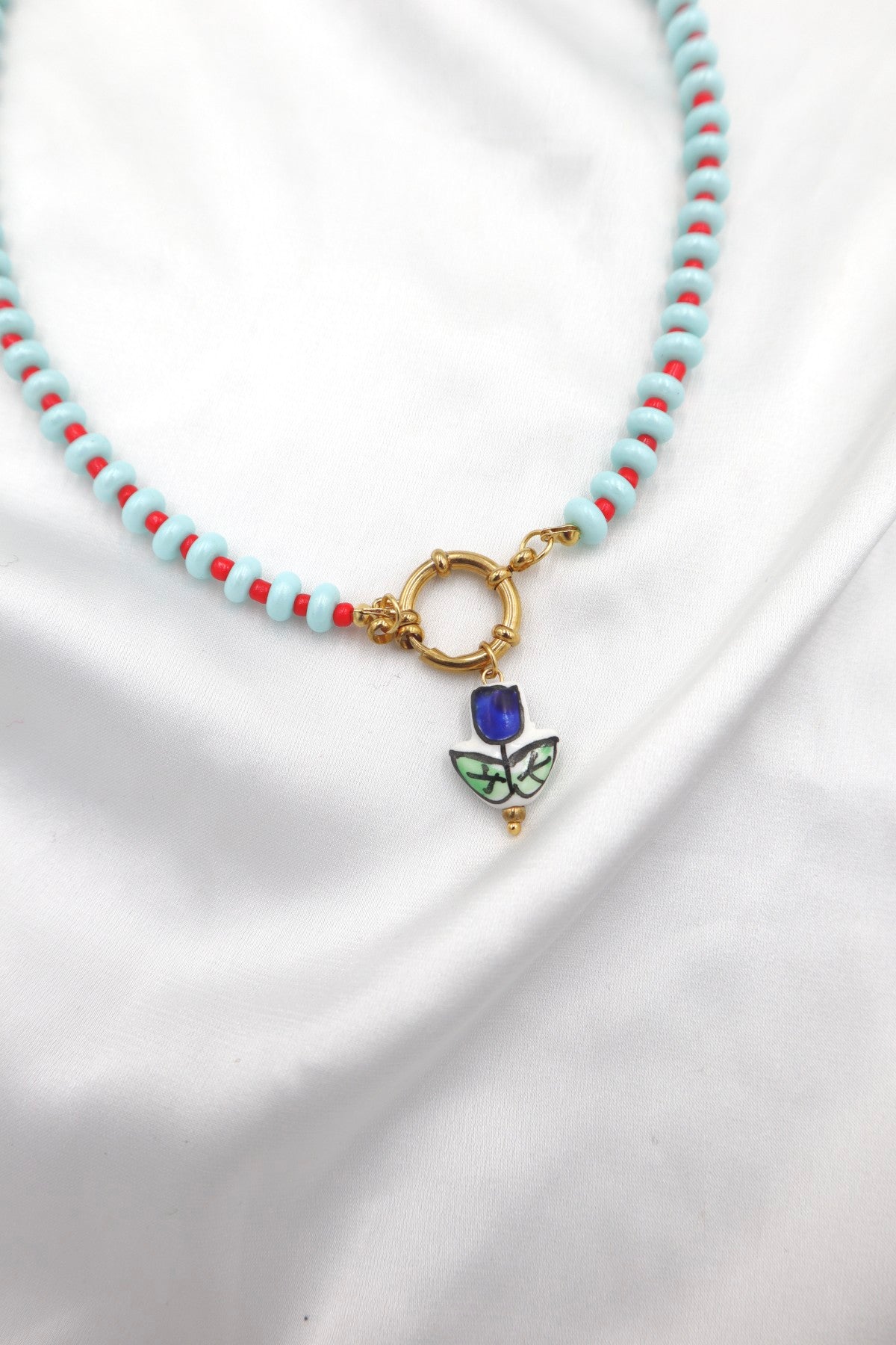 Lisboa Two Tone Charm Necklace in Blue / Red / Tulip