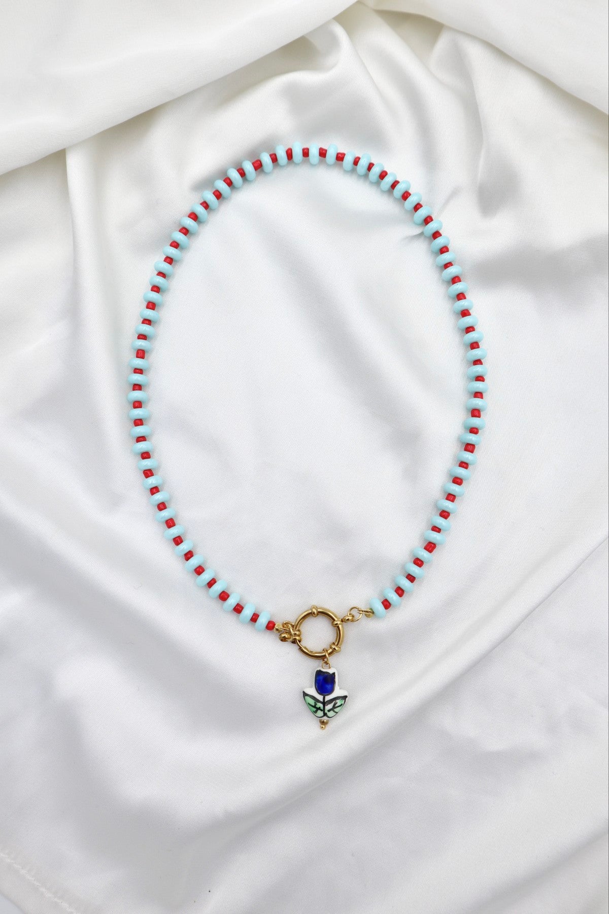 Lisboa Two Tone Charm Necklace in Blue / Red / Tulip