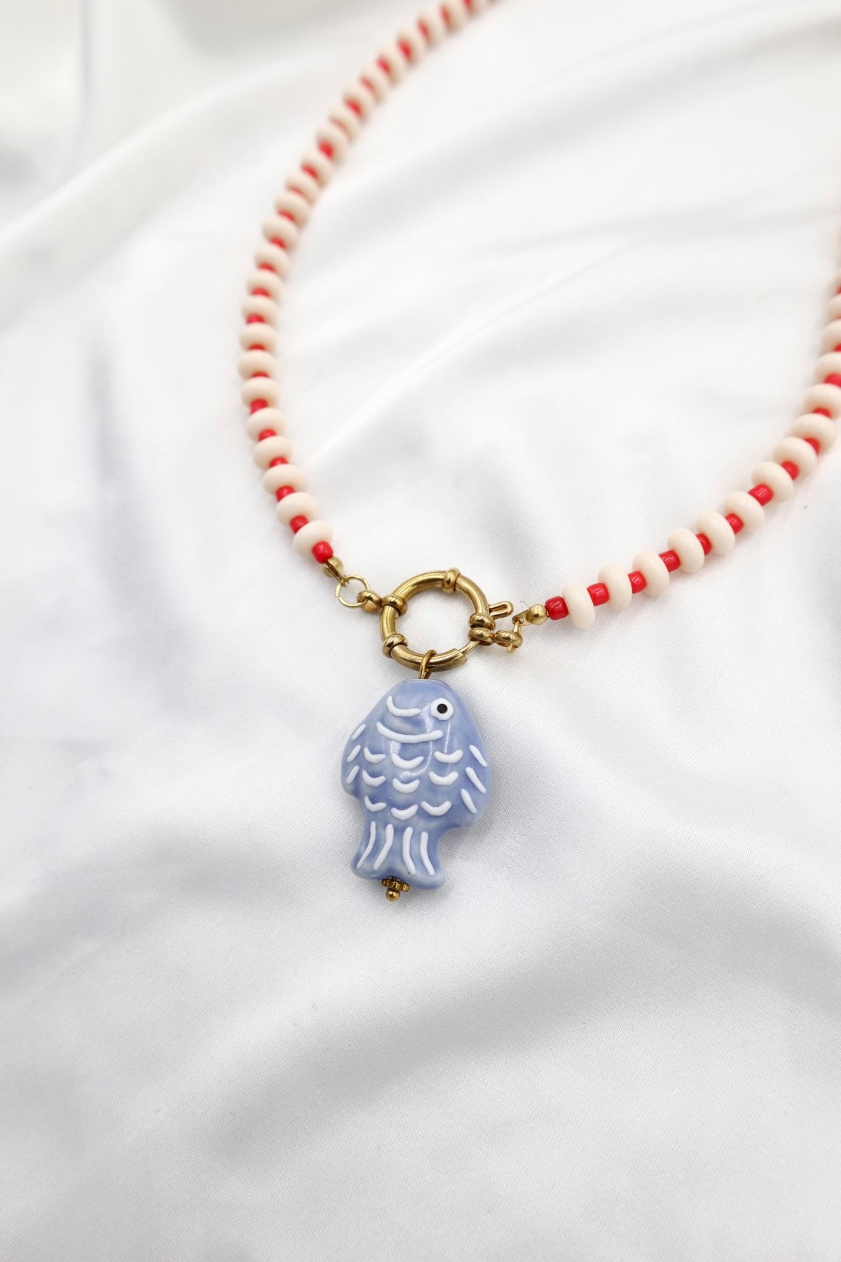 Lisboa Two Tone Charm Necklace in Cream / Red / Fish