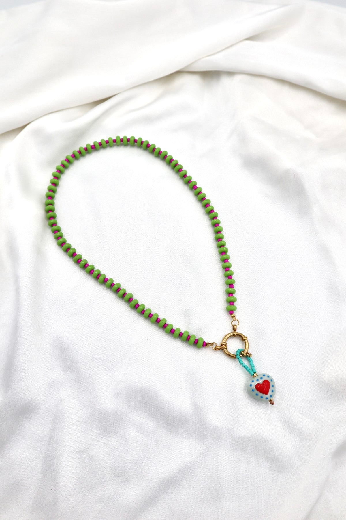 Lisboa Two Tone Charm Necklace in Green / Hot Pink / Bead Heart