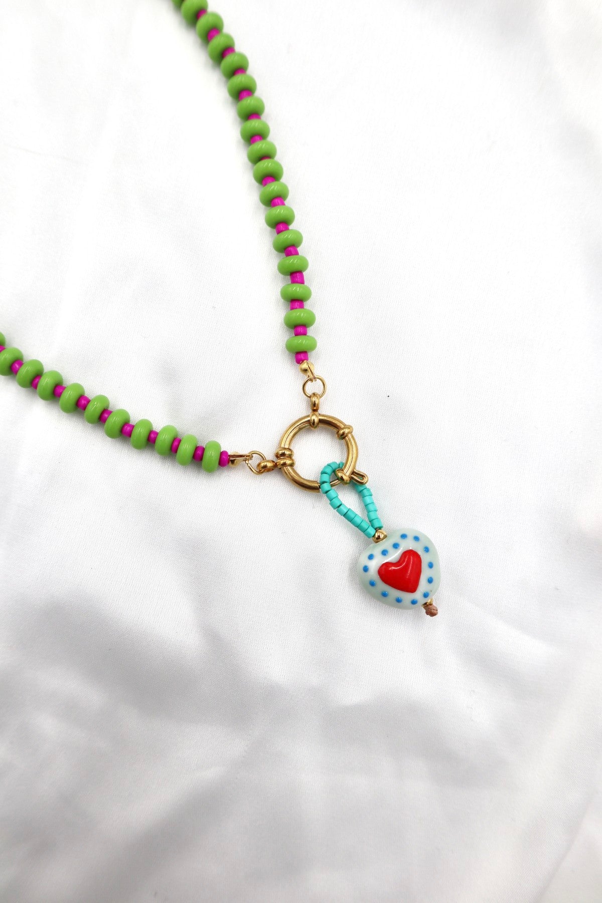 Lisboa Two Tone Charm Necklace in Green / Hot Pink / Bead Heart