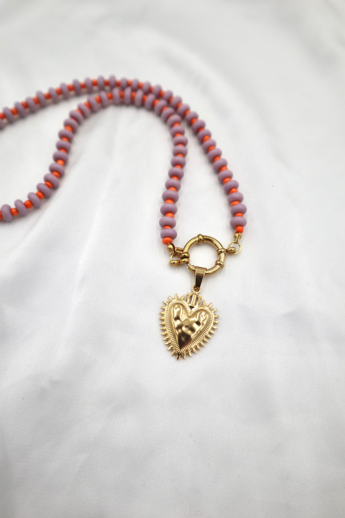 Lisboa Two Tone Charm Necklace in Lilac / Orange / Heart Flame