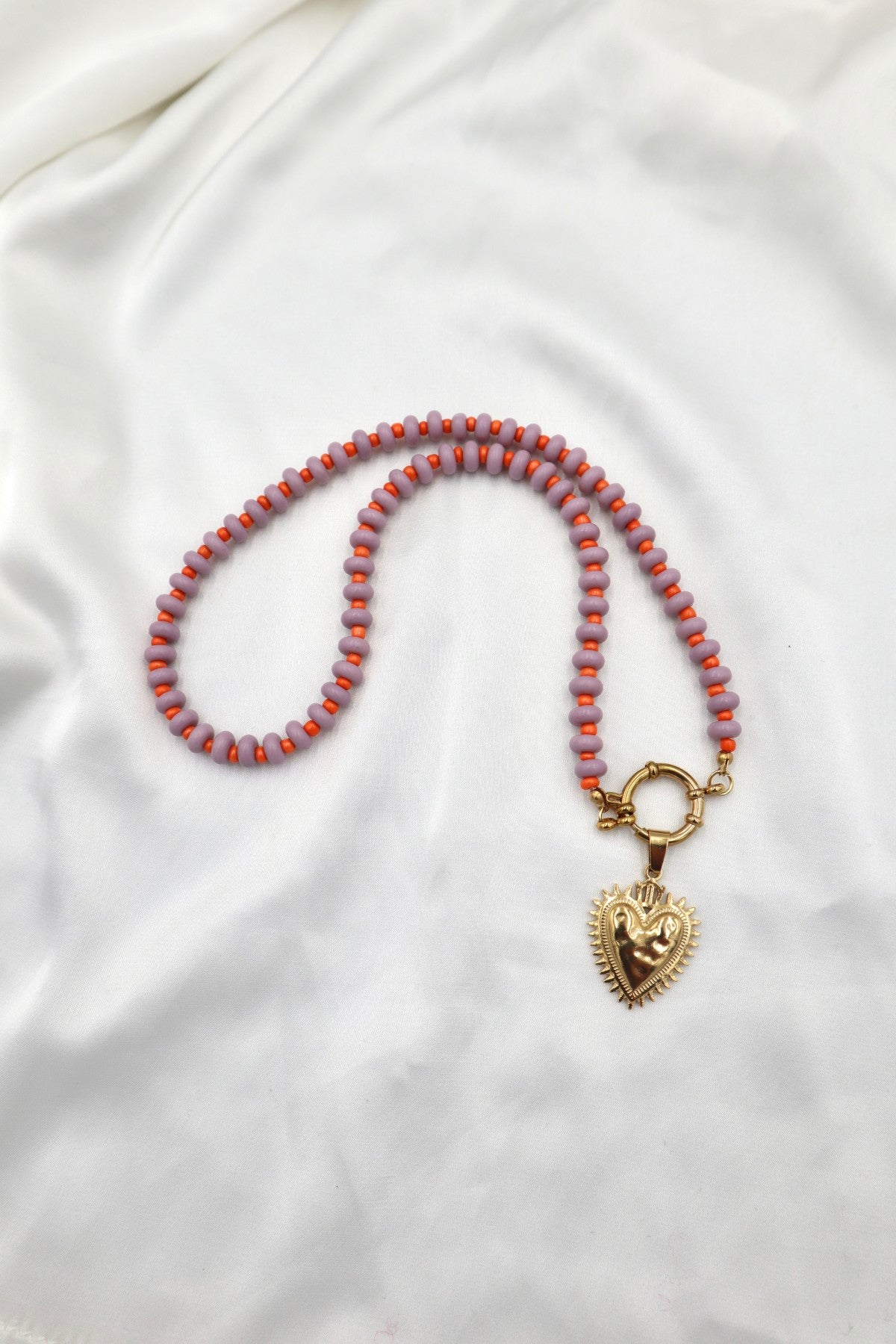 Lisboa Two Tone Charm Necklace in Lilac / Orange / Heart Flame