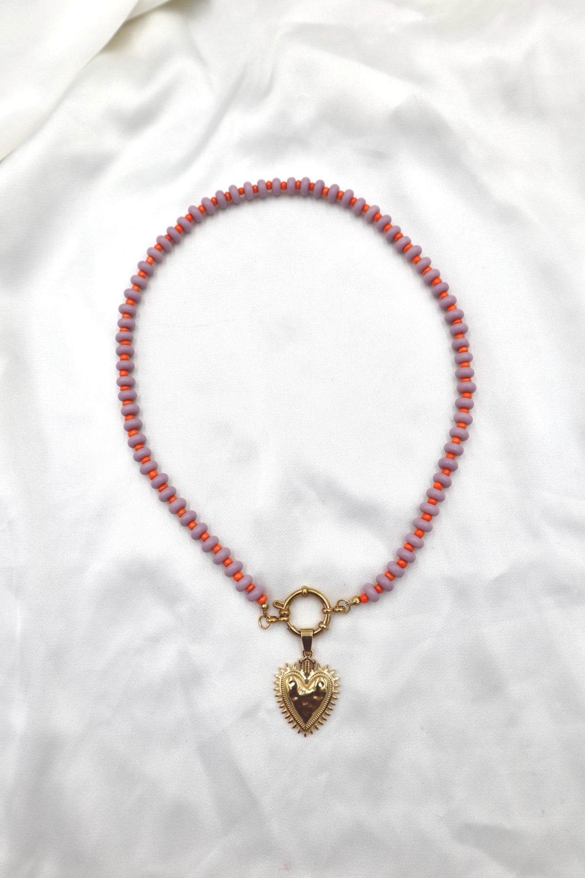 Lisboa Two Tone Charm Necklace in Lilac / Orange / Heart Flame