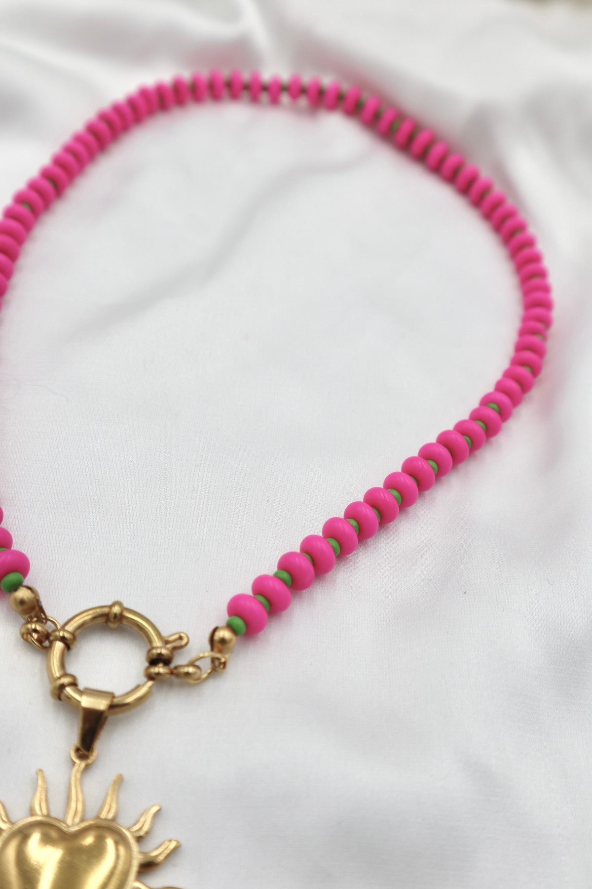 Lisboa Two Tone Charm Necklace in Hot Pink / Green / Sun Heart