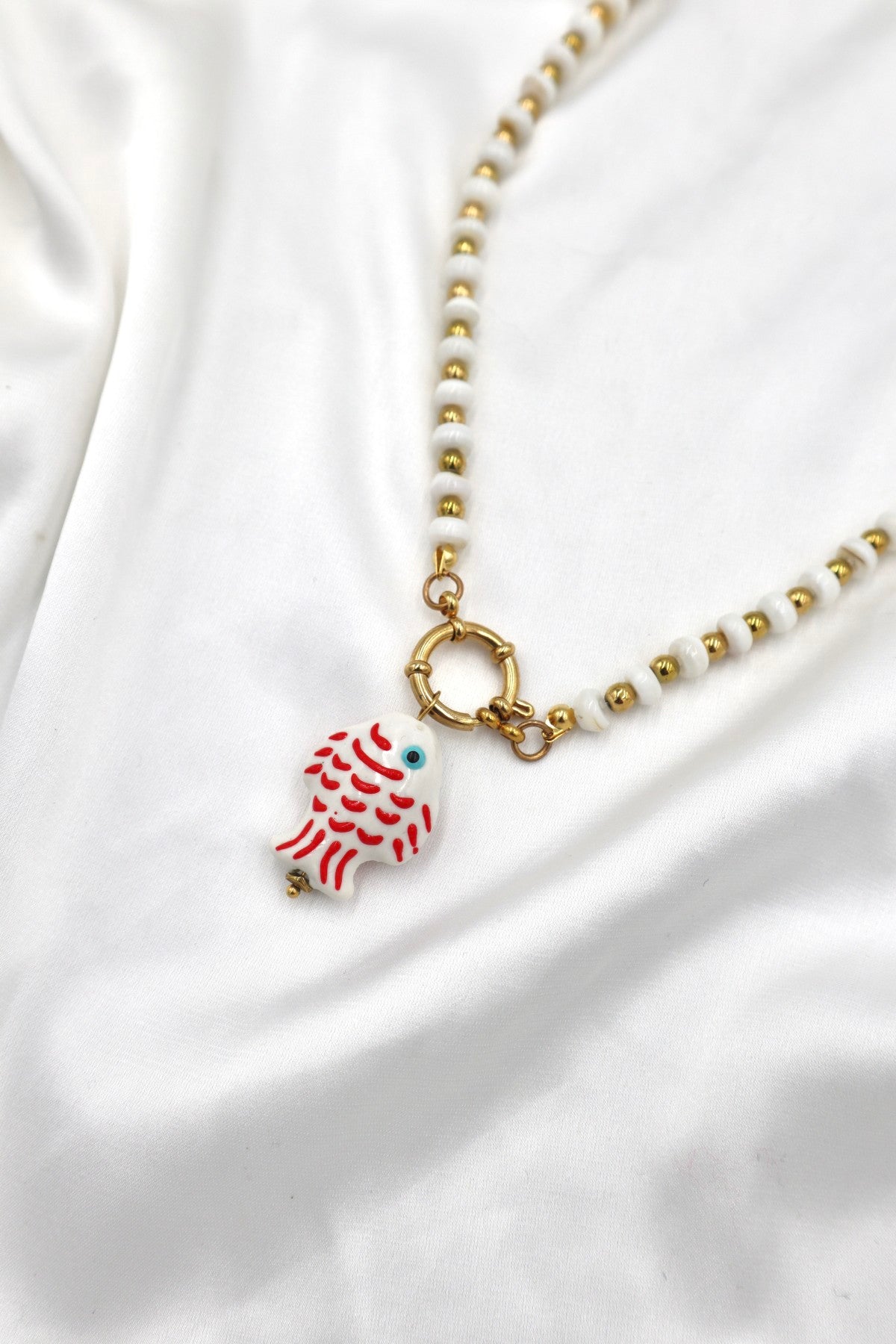 Lisboa Two Tone Charm Necklace in White / Gold / Fish