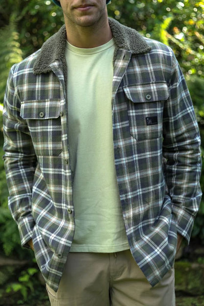 Frazer Button Down Lined Flannel Jacket in Green Check
