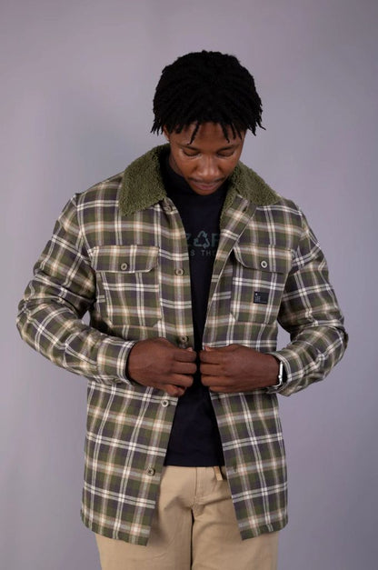 Frazer Button Down Lined Flannel Jacket in Green Check